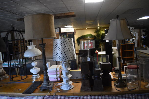 ALL ONE MONEY! Lot of Wooden Counter and Various Contents Including Lamps! BUYER MUST REMOVE. 235x28x36 (garden center) - Image 5 of 12
