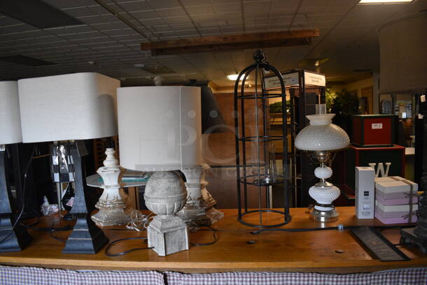 ALL ONE MONEY! Lot of Wooden Counter and Various Contents Including Lamps! BUYER MUST REMOVE. 235x28x36 (garden center) - Image 6 of 12