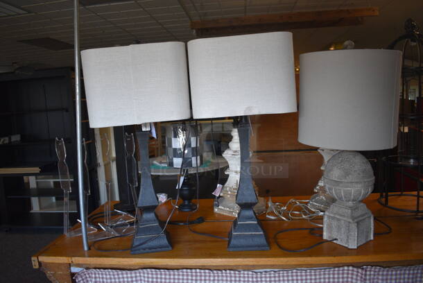 ALL ONE MONEY! Lot of Wooden Counter and Various Contents Including Lamps! BUYER MUST REMOVE. 235x28x36 (garden center) - Image 7 of 12