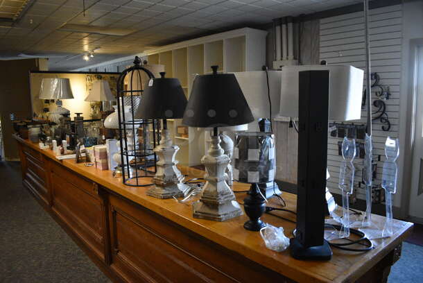 ALL ONE MONEY! Lot of Wooden Counter and Various Contents Including Lamps! BUYER MUST REMOVE. 235x28x36 (garden center) - Image 8 of 12