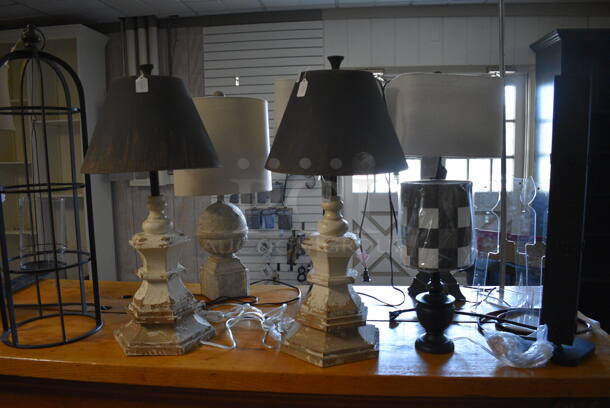 ALL ONE MONEY! Lot of Wooden Counter and Various Contents Including Lamps! BUYER MUST REMOVE. 235x28x36 (garden center) - Image 9 of 12