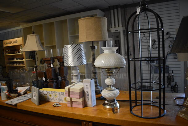 ALL ONE MONEY! Lot of Wooden Counter and Various Contents Including Lamps! BUYER MUST REMOVE. 235x28x36 (garden center) - Image 10 of 12