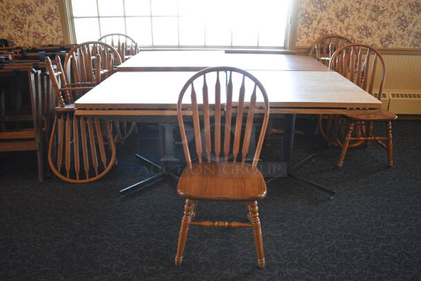 4 Wooden Tables w/ 8 Wooden Dining Chairs. 36x36x30. 18x17.5x37.5. 4 Times Your Bid! (main dining room)

 - Image 1 of 6