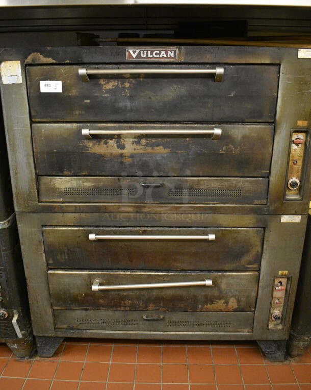 2 Vulcan Model 701 6A IT Metal Commercial Natural Gas Powered Double Deck Pizza Ovens. 50,000 BTU. 60x41x71.5. 2 Times Your Bid! Unit Was In Working Condition When Restaurant Closed. (bakery kitchen)