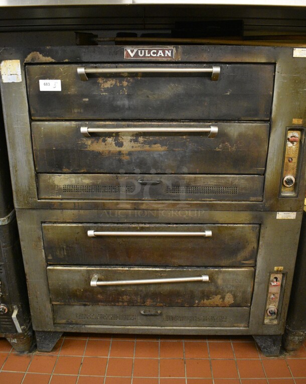 2 Vulcan Model 701 6A IT Metal Commercial Natural Gas Powered Double Deck Pizza Ovens. 50,000 BTU. 60x41x71.5. 2 Times Your Bid! Unit Was In Working Condition When Restaurant Closed. (bakery kitchen) - Image 1 of 12