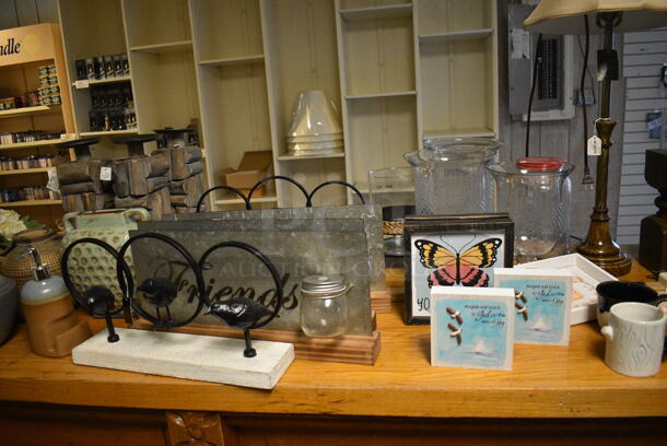 ALL ONE MONEY! Lot of Wooden Counter and Various Contents Including Lamps! BUYER MUST REMOVE. 235x28x36 (garden center) - Image 11 of 12