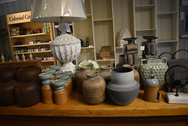 ALL ONE MONEY! Lot of Wooden Counter and Various Contents Including Lamps! BUYER MUST REMOVE. 235x28x36 (garden center) - Image 12 of 12
