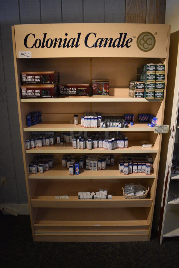 Wooden Shelving Unit w/ Contents Including Lightbulbs. BUYER MUST REMOVE. 48x15x80. (garden center) - Image 1 of 6