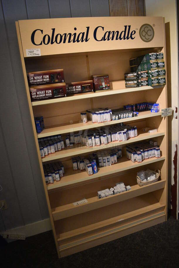 Wooden Shelving Unit w/ Contents Including Lightbulbs. BUYER MUST REMOVE. 48x15x80. (garden center) - Image 2 of 6