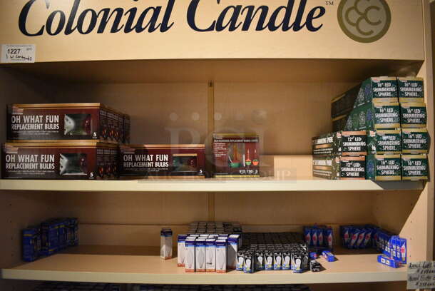 Wooden Shelving Unit w/ Contents Including Lightbulbs. BUYER MUST REMOVE. 48x15x80. (garden center) - Image 3 of 6