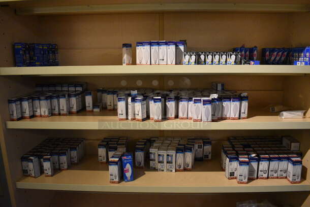 Wooden Shelving Unit w/ Contents Including Lightbulbs. BUYER MUST REMOVE. 48x15x80. (garden center) - Image 4 of 6