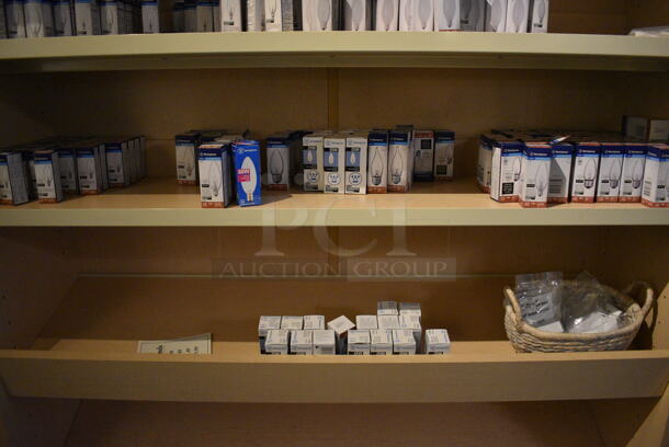 Wooden Shelving Unit w/ Contents Including Lightbulbs. BUYER MUST REMOVE. 48x15x80. (garden center) - Image 5 of 6