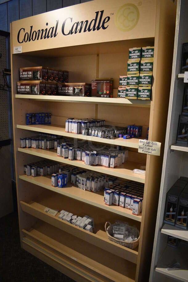 Wooden Shelving Unit w/ Contents Including Lightbulbs. BUYER MUST REMOVE. 48x15x80. (garden center) - Image 6 of 6
