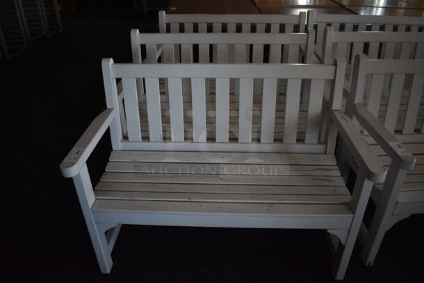 3 White Wooden Benches w/ Arm Rests. 47.5x23.5x35. 3 Times Your Bid! (sunroom dining room)