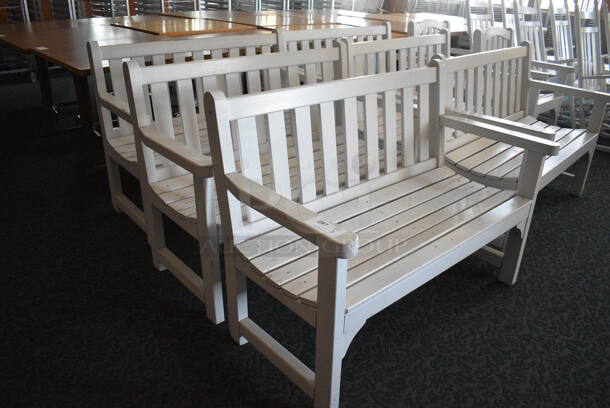3 White Wooden Benches w/ Arm Rests. 47.5x23.5x35. 3 Times Your Bid! (sunroom dining room) - Image 2 of 5