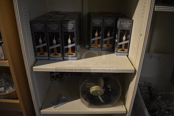 White Wooden Shelving Unit w/ Contents Including Fake Candles and Lampshades. BUYER MUST REMOVE. 115.5x17x97. (garden center) - Image 3 of 6