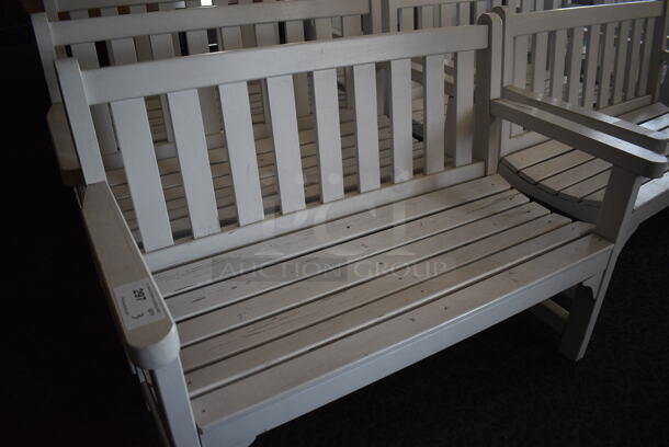 3 White Wooden Benches w/ Arm Rests. 47.5x23.5x35. 3 Times Your Bid! (sunroom dining room) - Image 3 of 5