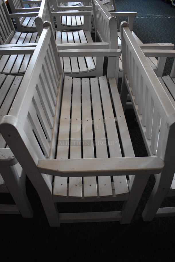 3 White Wooden Benches w/ Arm Rests. 47.5x23.5x35. 3 Times Your Bid! (sunroom dining room) - Image 4 of 5