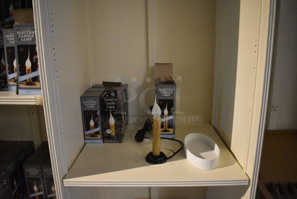 White Wooden Shelving Unit w/ Contents Including Fake Candles and Lampshades. BUYER MUST REMOVE. 115.5x17x97. (garden center) - Image 5 of 6