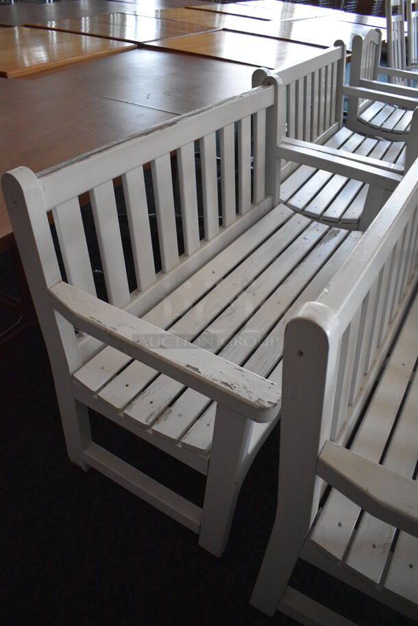 3 White Wooden Benches w/ Arm Rests. 47.5x23.5x35. 3 Times Your Bid! (sunroom dining room) - Image 5 of 5