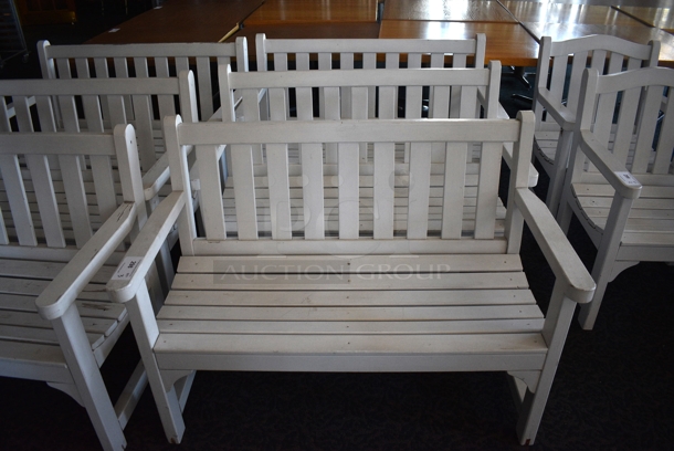 3 White Wooden Benches w/ Arm Rests. 47.5x23.5x35. 3 Times Your Bid! (sunroom dining room)