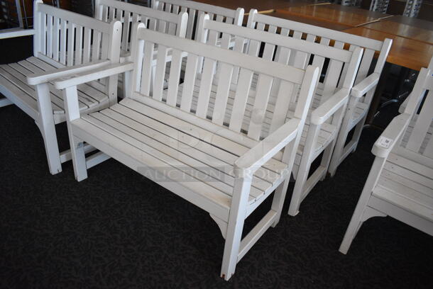 3 White Wooden Benches w/ Arm Rests. 47.5x23.5x35. 3 Times Your Bid! (sunroom dining room) - Image 2 of 5