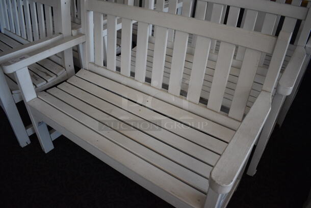3 White Wooden Benches w/ Arm Rests. 47.5x23.5x35. 3 Times Your Bid! (sunroom dining room) - Image 3 of 5