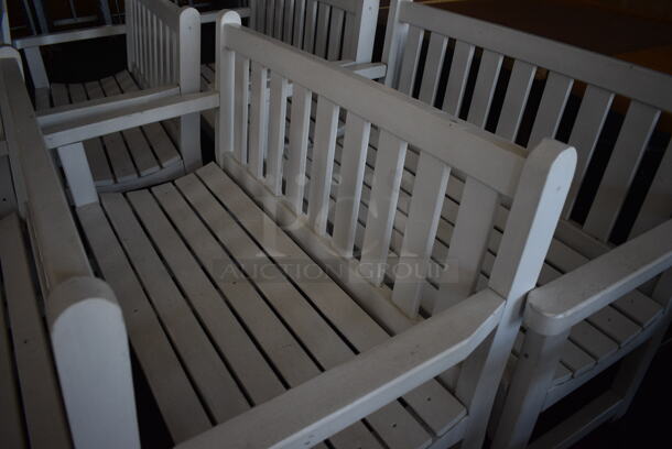 3 White Wooden Benches w/ Arm Rests. 47.5x23.5x35. 3 Times Your Bid! (sunroom dining room) - Image 4 of 5