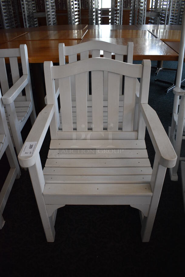 2 White Wooden Chairs w/ Arm Rests. 25x24x36. 2 Times Your Bid! (sunroom dining room)
