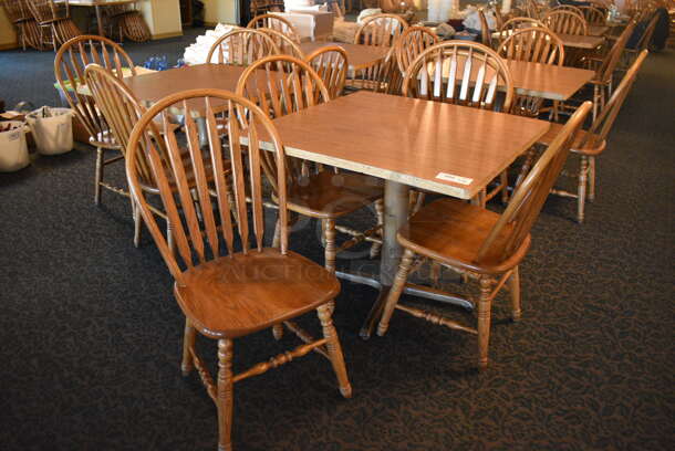 4 Wooden Tables w/ 16 Wooden Dining Chairs. 36x36x30. 18x17.5x37.5. 4 Times Your Bid! (main dining room)


