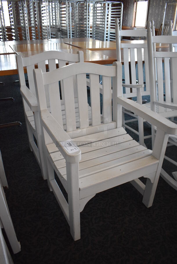 2 White Wooden Chairs w/ Arm Rests. 25x24x36. 2 Times Your Bid! (sunroom dining room) - Image 2 of 4