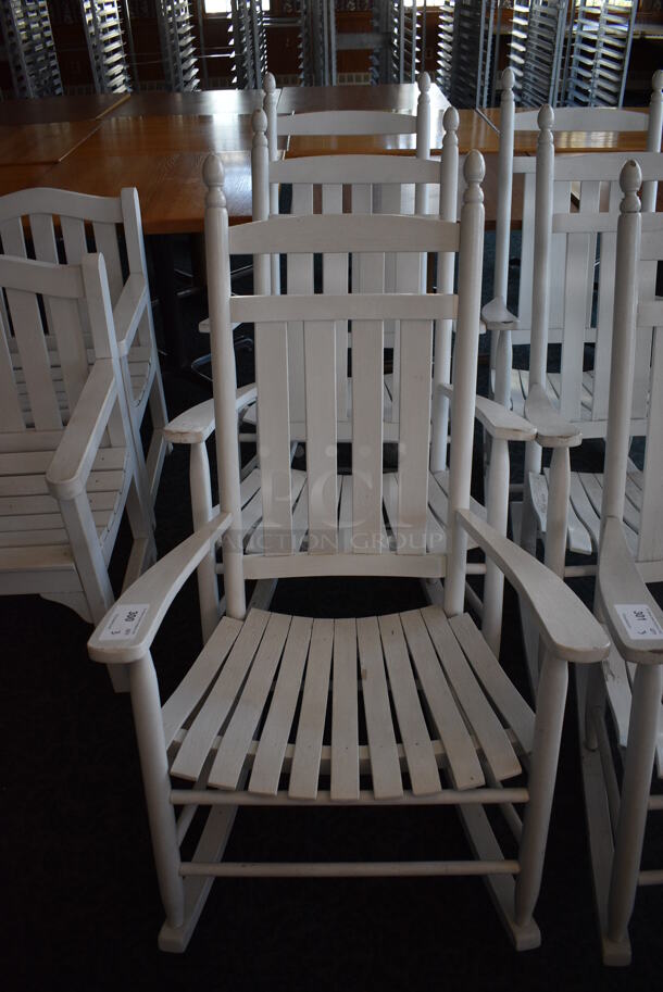 3 White Wooden Rocking Chairs w/ Arm Rests. 28.5x32x48. 3 Times Your Bid! (sunroom dining room)