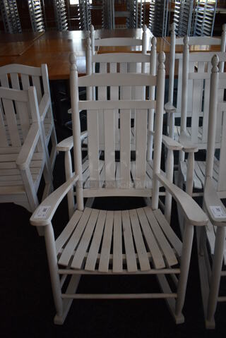 3 White Wooden Rocking Chairs w/ Arm Rests. 28.5x32x48. 3 Times Your Bid! (sunroom dining room)