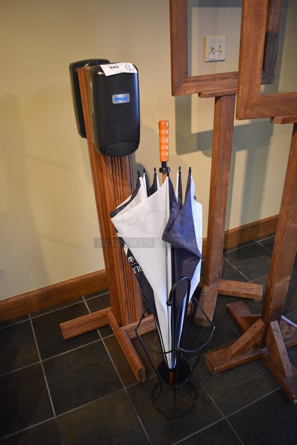 4 Various Items; Umbrella Stand, Hand Sanitizer Stand and 2 Wooden Stands. Includes 24x24x67. 4 Times Your Bid! (gift shop) - Image 3 of 4