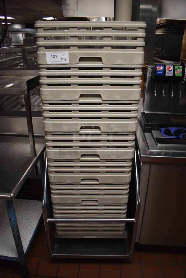 Stainless Steel Commercial Dish Caddy Return w/ 8 Dish Caddies and Approximately 280 Beverage Glasses on Commercial Casters. 24x25x66. 2.75x2.75x5.5. (kitchen)