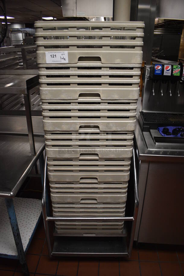 Stainless Steel Commercial Dish Caddy Return w/ 8 Dish Caddies and Approximately 280 Beverage Glasses on Commercial Casters. 24x25x66. 2.75x2.75x5.5. (kitchen) - Image 1 of 7