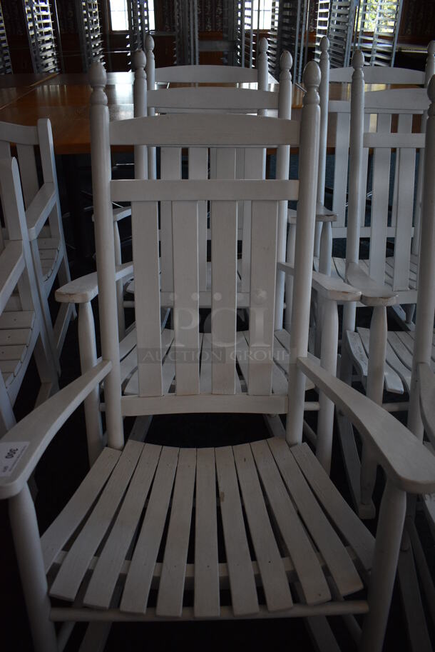 3 White Wooden Rocking Chairs w/ Arm Rests. 28.5x32x48. 3 Times Your Bid! (sunroom dining room) - Image 4 of 4