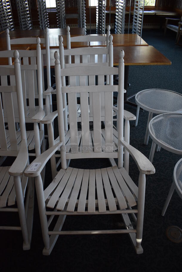 3 White Wooden Rocking Chairs w/ Arm Rests. 28.5x32x48. 3 Times Your Bid! (sunroom dining room)