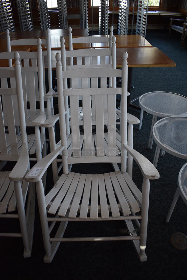 3 White Wooden Rocking Chairs w/ Arm Rests. 28.5x32x48. 3 Times Your Bid! (sunroom dining room) - Image 1 of 4