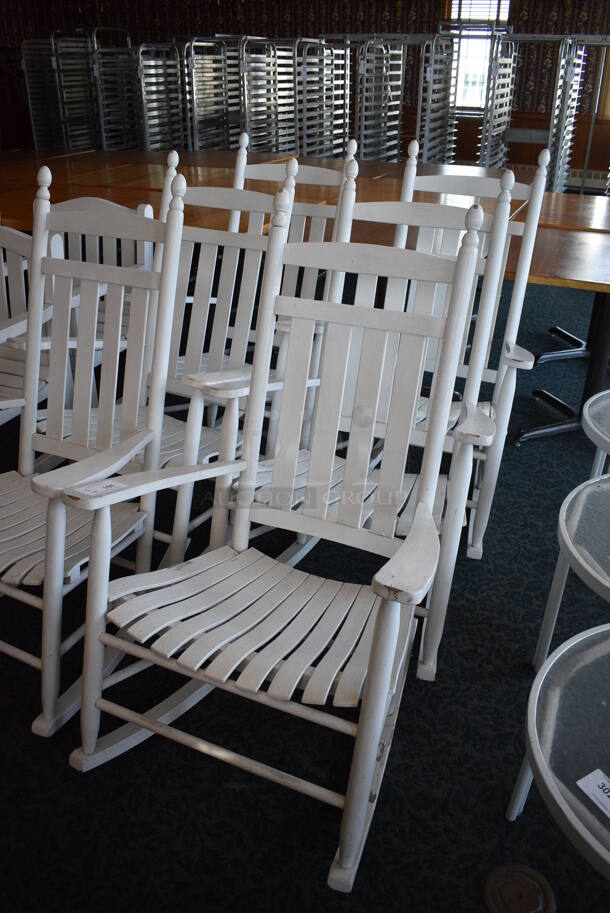 3 White Wooden Rocking Chairs w/ Arm Rests. 28.5x32x48. 3 Times Your Bid! (sunroom dining room) - Image 2 of 4