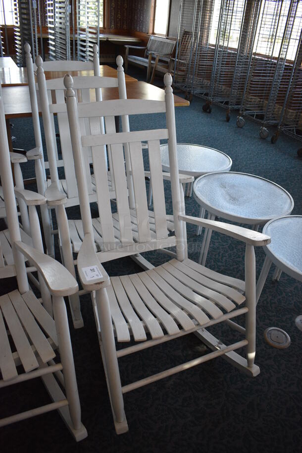 3 White Wooden Rocking Chairs w/ Arm Rests. 28.5x32x48. 3 Times Your Bid! (sunroom dining room) - Image 3 of 4