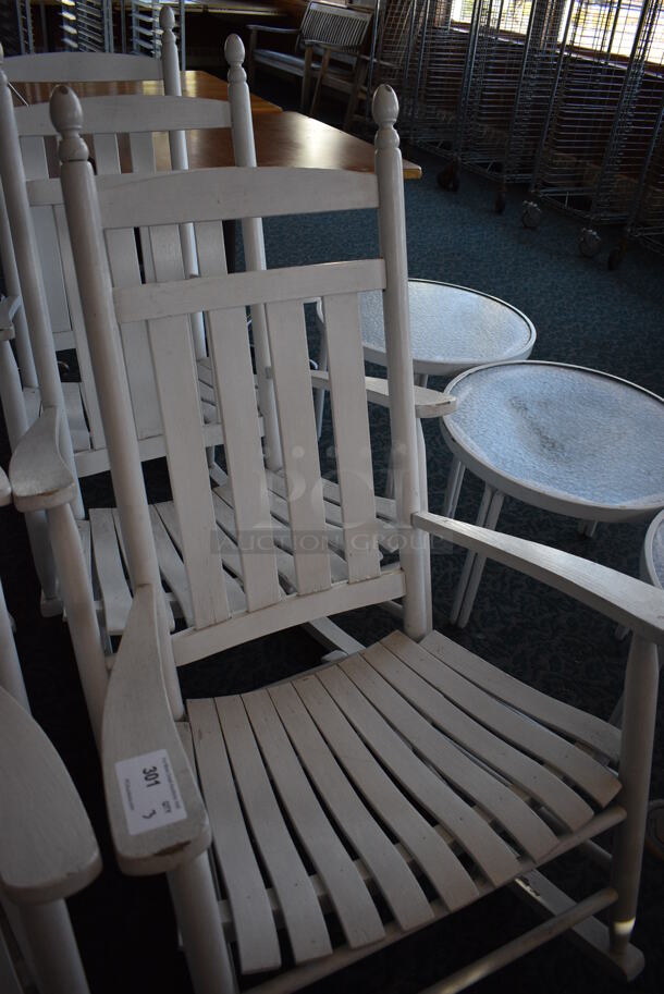3 White Wooden Rocking Chairs w/ Arm Rests. 28.5x32x48. 3 Times Your Bid! (sunroom dining room) - Image 4 of 4
