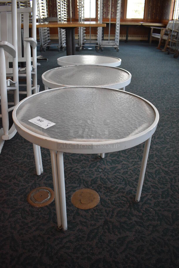 3 White Metal End Tables w/ Clear Tabletops. 24.5x24.5x18. 3 Times Your Bid! (sunroom dining room) - Image 1 of 4