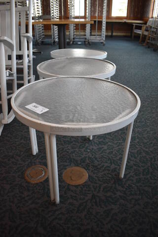 3 White Metal End Tables w/ Clear Tabletops. 24.5x24.5x18. 3 Times Your Bid! (sunroom dining room)