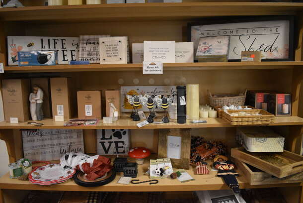 Wooden Shelving Unit w/ Contents Including Signs, Curtains and Figures! BUYER MUST REMOVE. 70x19x85. (garden center) - Image 3 of 7