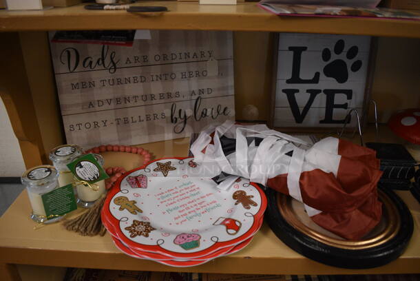 Wooden Shelving Unit w/ Contents Including Signs, Curtains and Figures! BUYER MUST REMOVE. 70x19x85. (garden center) - Image 6 of 7
