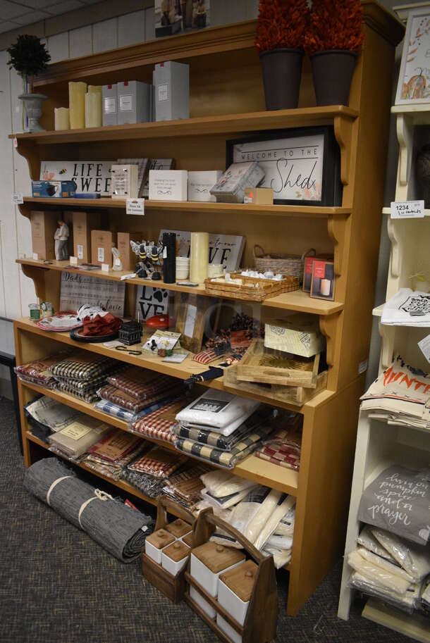 Wooden Shelving Unit w/ Contents Including Signs, Curtains and Figures! BUYER MUST REMOVE. 70x19x85. (garden center) - Image 7 of 7