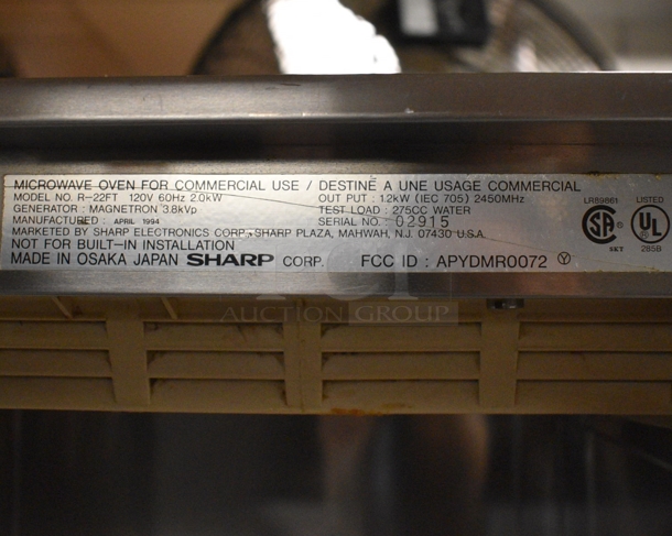 Sharp Model R-22FT Stainless Steel Commercial Microwave Oven. 120 Volts, 1 Phase. 20x16x13. Unit Was In Working Condition When Restaurant Closed. (kitchen) - Image 6 of 6