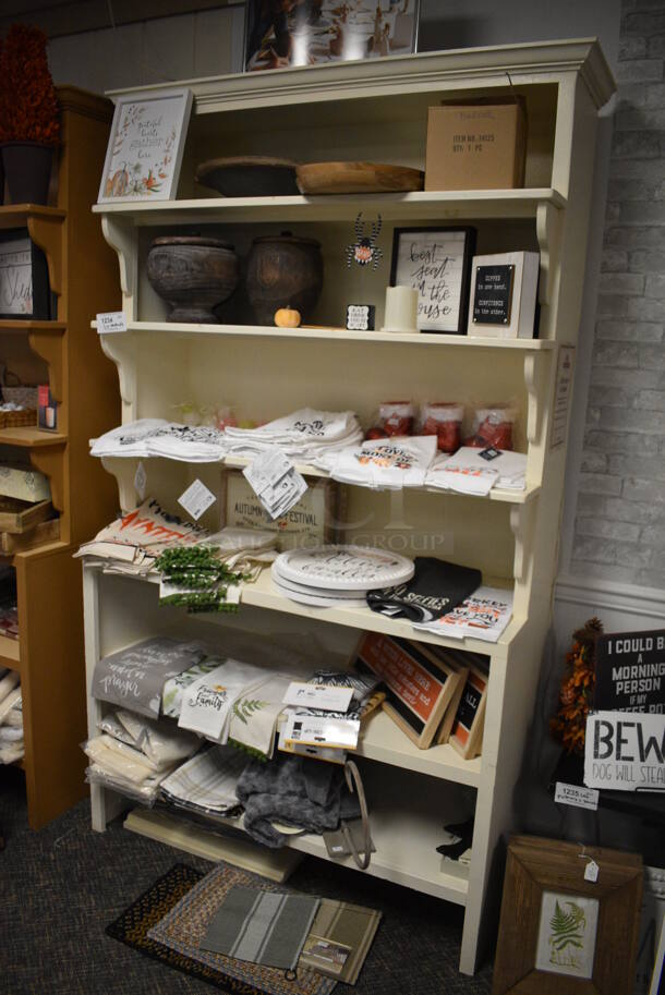 White Wooden Shelving Unit w/ Contents Including Signs, Towels and Mats! BUYER MUST REMOVE. 48x20x85. (garden center) - Image 1 of 8