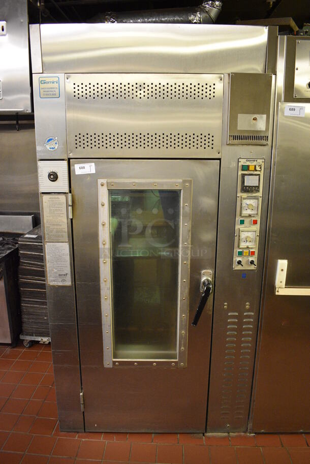 Gemini Model 1000 LTG Stainless Steel Commercial Floor Style Natural Gas Powered Single Door Roll In Rack Steam Oven w/ Metal Pan Transport Rack. 143,000 BTU. 47.5x50x93. Unit Was In Working Condition When Restaurant Closed. (bakery kitchen) - Image 1 of 8